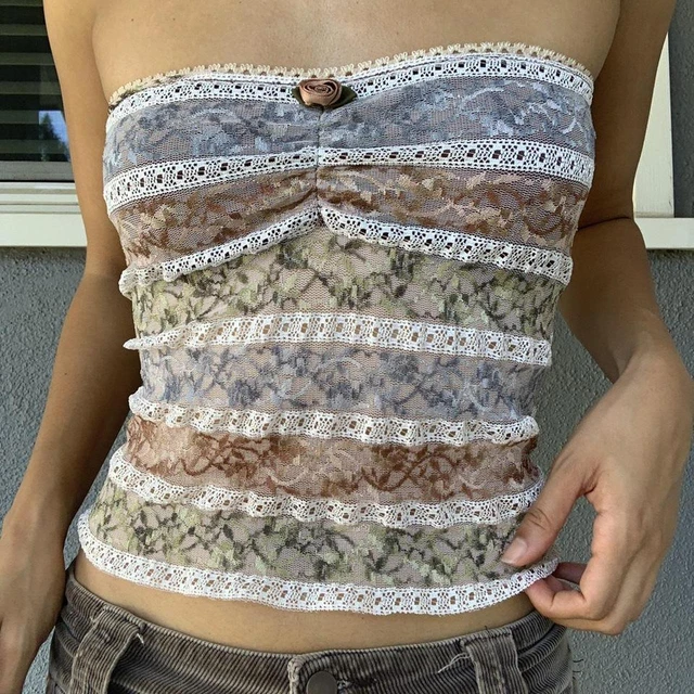 Cute Floral Tube Tops for Women Sexy Strapless Backless Mesh Bandeau Crop  Top Y2K Summer Aesthetic Tank Clothing (A-White, L)