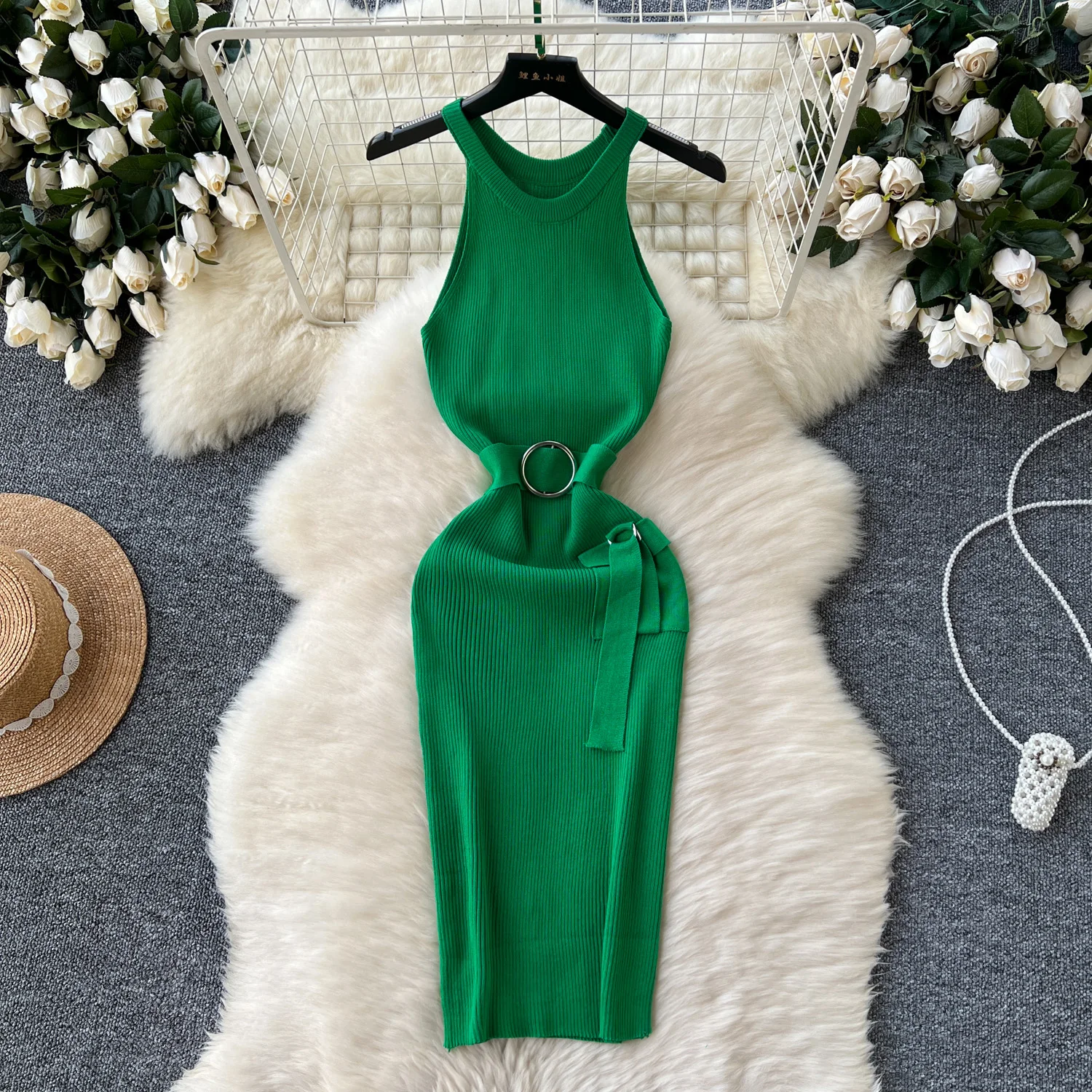 

Sexy Sleeveless Slim Knit halter Bodycon Dress Korean Fashion Chic Elegant Party Vestidos Women solid Summer dresses