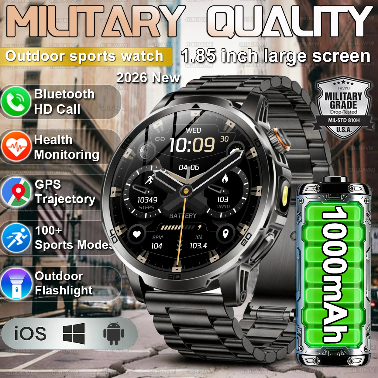2026 New Military Outdoor Smart Watches 1.85 inch AMOLED 1000mAh Large Battery 10ATM Waterproof Call Sports Men Fitness Bracelet 1