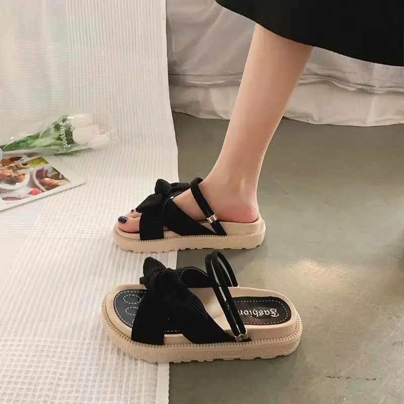 New Style Fairy Style Lady Summer Slippers Thick Platform Flat Sandals with Butterfly-Knot Summer Flip Flops Sandals Women