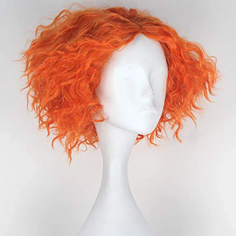Front view of orange curly cosplay wig