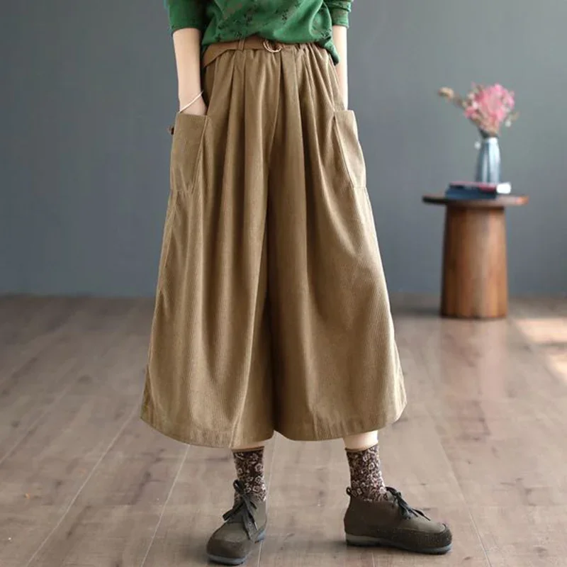 

Corduroy Vintage Calf Pants Autumn Women High Waist Loose Pockets Designed Wide Leg Pants with Belt Korea Style Casual Pants