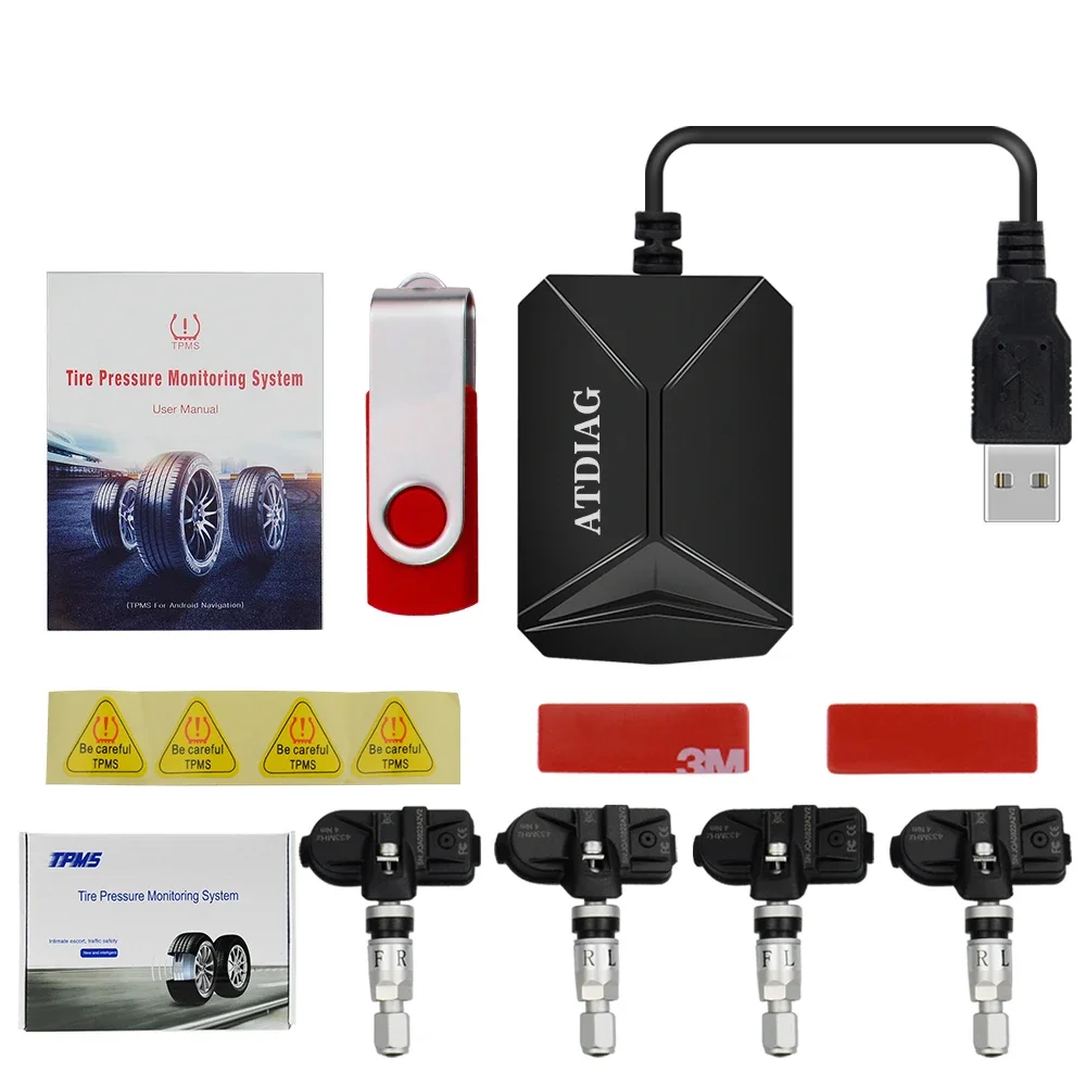 

USB Android TPMS Car Tire Pressure Monitor with 4 External Sensors 116 psi Monitoring Alarm System 5V Wireless Transmission TPMS