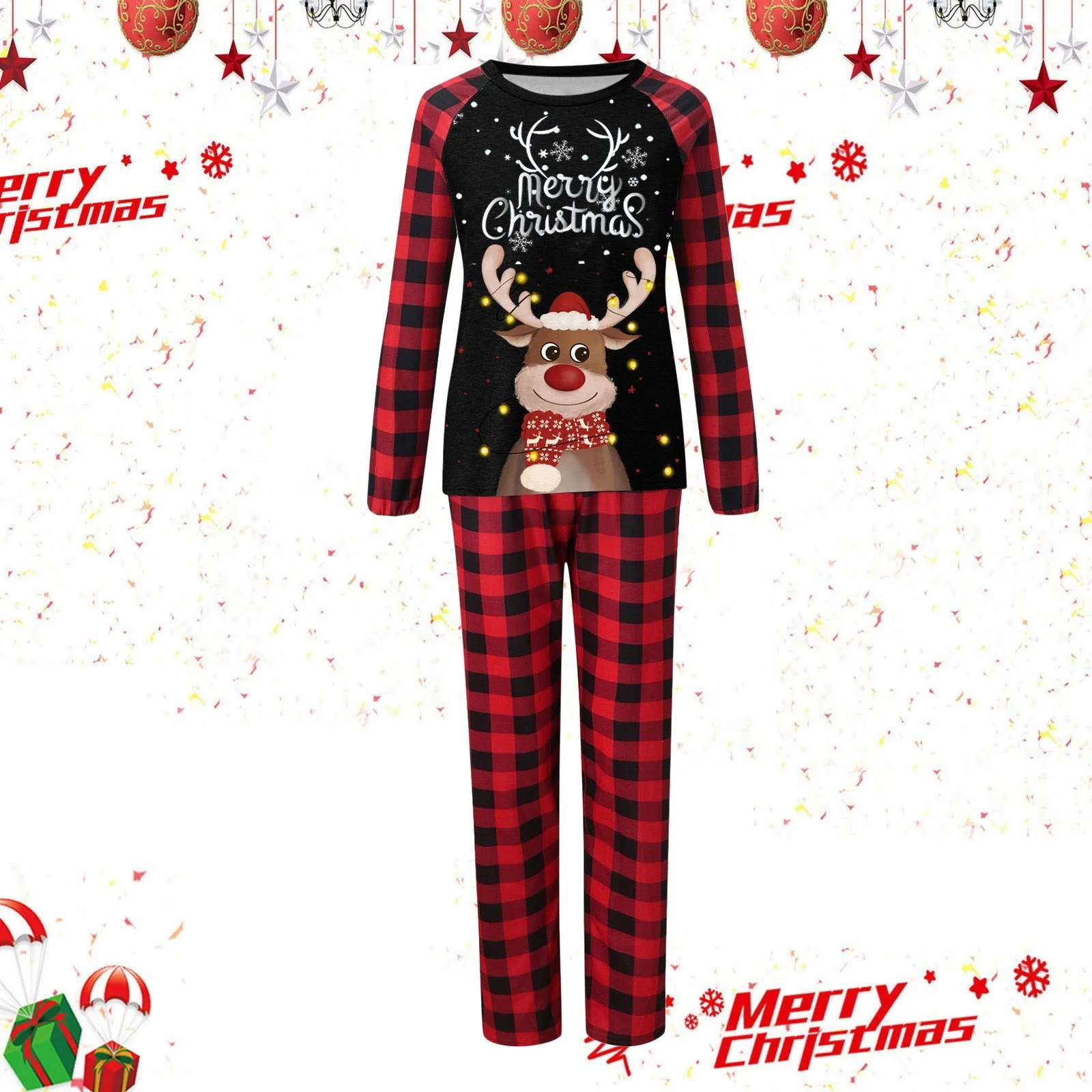 thumbnail image 1 of Nuevos conjuntos navideños familiares, pijamas a juego con estampado profundo para padre, madre e hija, traje suave y holgado de 2 piezas, ropa de dormir navideña, 1 of 5