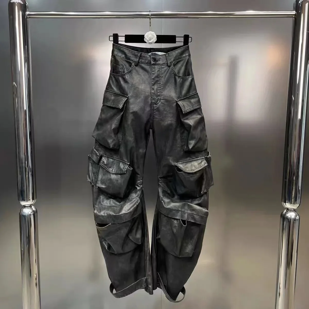 Multi Pocket Design Vintage PU Leather Pants for Women High Waist Single Button Cargo Trousers 2023 Autumn Female 11XX5286