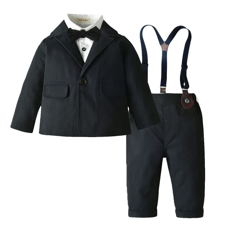 

Children's Clothing Spring New Long Sleeve Coat Men's Bow Tie Shirt Children's Suspender Pants Three-Piece Set Labeling Processi