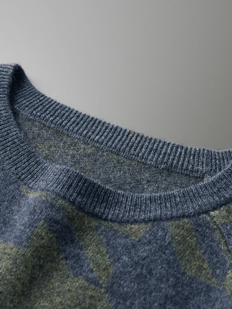 New Men O-neck Cashmere Sweater Long Sleeve 100% Merino Wool Pullover Autumn Winter Soft Warm Houndstooth Knitwear Casual Jumper 3