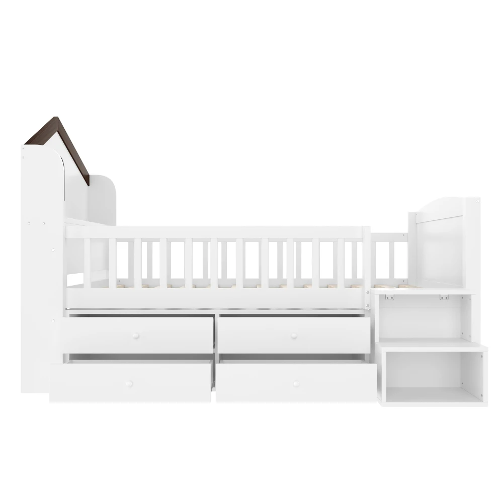Modernes Schlafzimmer-Halbhohenbett, 90 x 200 cm, Hausform, Fenster, 4 Schubladen, LED-Lichtleiste, Lagerführung, ohne Matratze, weiß – Detail 15