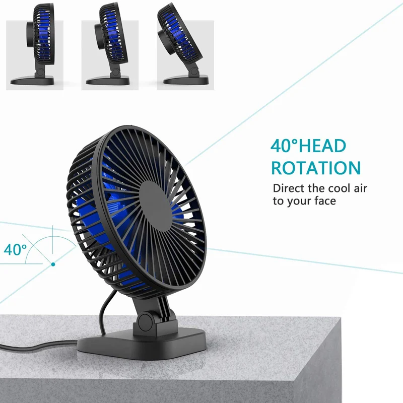 USB Desk Fan Small Quiet Portable Fan for Desktop Office Table 40&deg; Adjustment 3 Speeds Cord