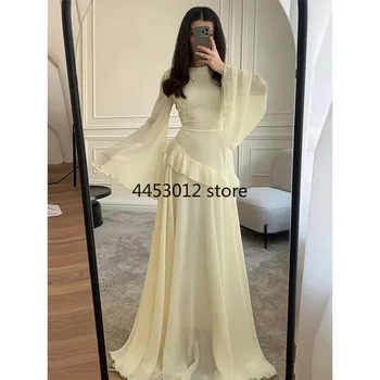 Fashion Flare Sleeve Ruff Long Dress Women Solid O-neck High Waist Slim Pleated Maxi Dresses 2025 Lady Summer Chic Party Robes 1