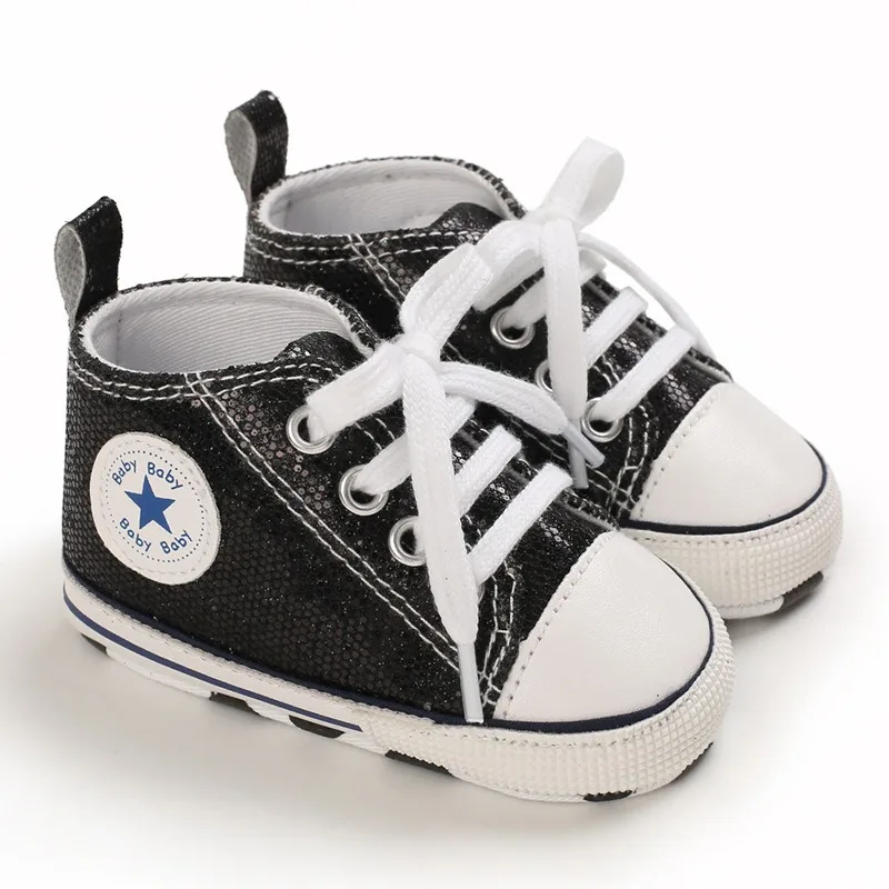 Yibubu Black Baby Shoes Bling Canvas Infant Baby Girls Shoes Lace-up Sneaker Soft Sole Anti-slip Toddler First Walkers 2