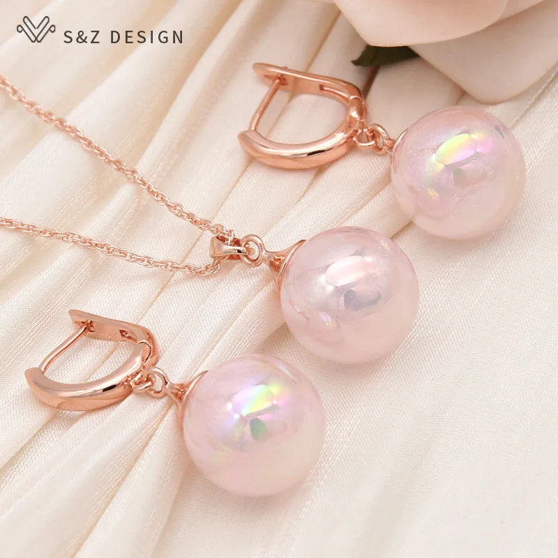S&Z DESIGN New Fashion 585 Rose Gold Color Round Colorful Bead Drop Earrings Jewelry Sets For Women Wedding Pendant Necklace