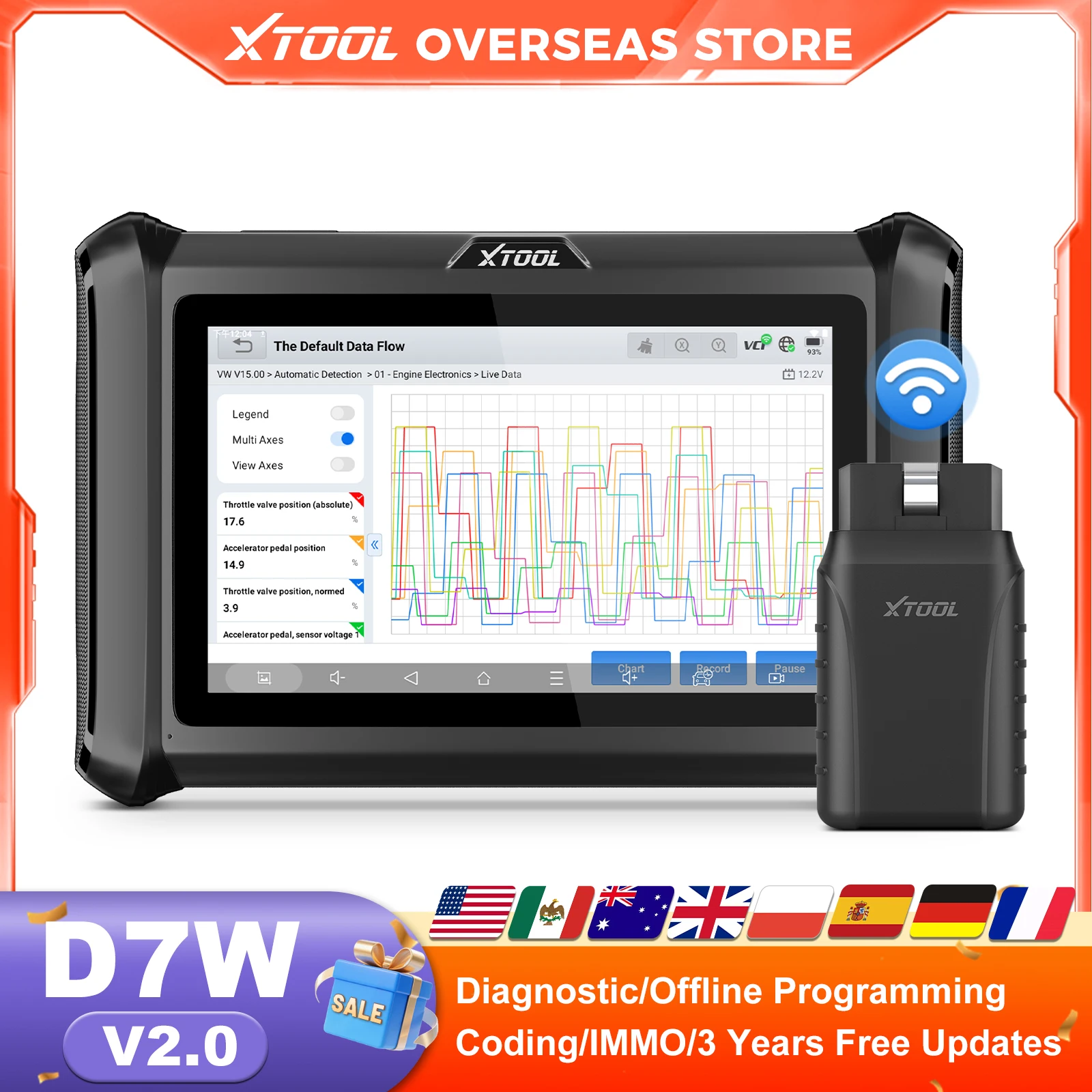 XTOOL D7W V2.0 Scanner automobile Bluetooth, outil de diagnostic de tous les systèmes, codage ECU, programmeur de clés bidirectionnel avec 39+ fonctions de réinitialisation CAN FCA