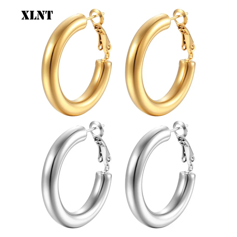 XLNT Gold color circle creole earrings, Stainless Steel Big Round wives Hoop Earrings gifts for women