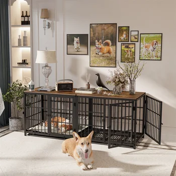Dog Crate Furniture White Pet Kennel Black Cage End Table with Three Doors and Removable Tray, for Small Medium Large Dogs 1