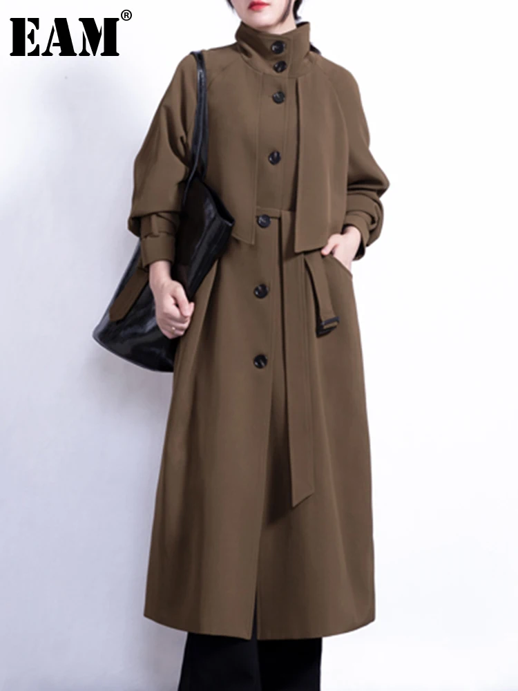 

[EAM] Women Black Big Size Trench New Stand Collar Long Sleeve Loose Fit Windbreaker Fashion Tide Spring Autumn 2024 1DH3096
