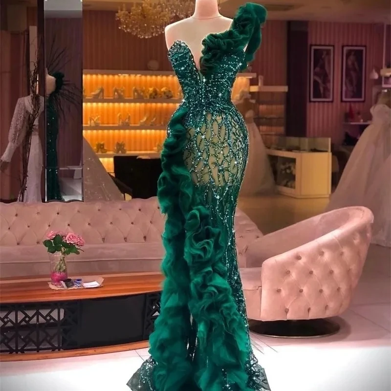 

See Thru Green Evening Dresses Side Split Ruffles Lace Beading Prom Dress Sequins vestido de novia Party Second Reception Gowns