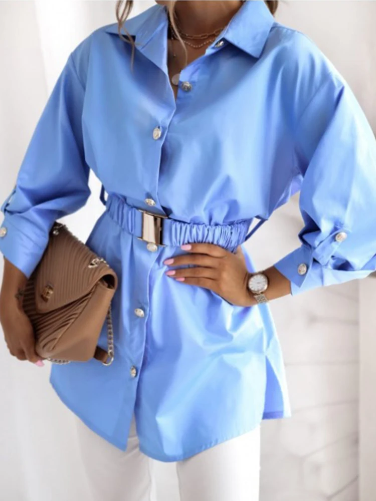 Women Fashion Solid Color Shirt Dress 2022 Spring Casual Turn-down Collar Party Summer Lady Elegant Long Sleeve Tops |