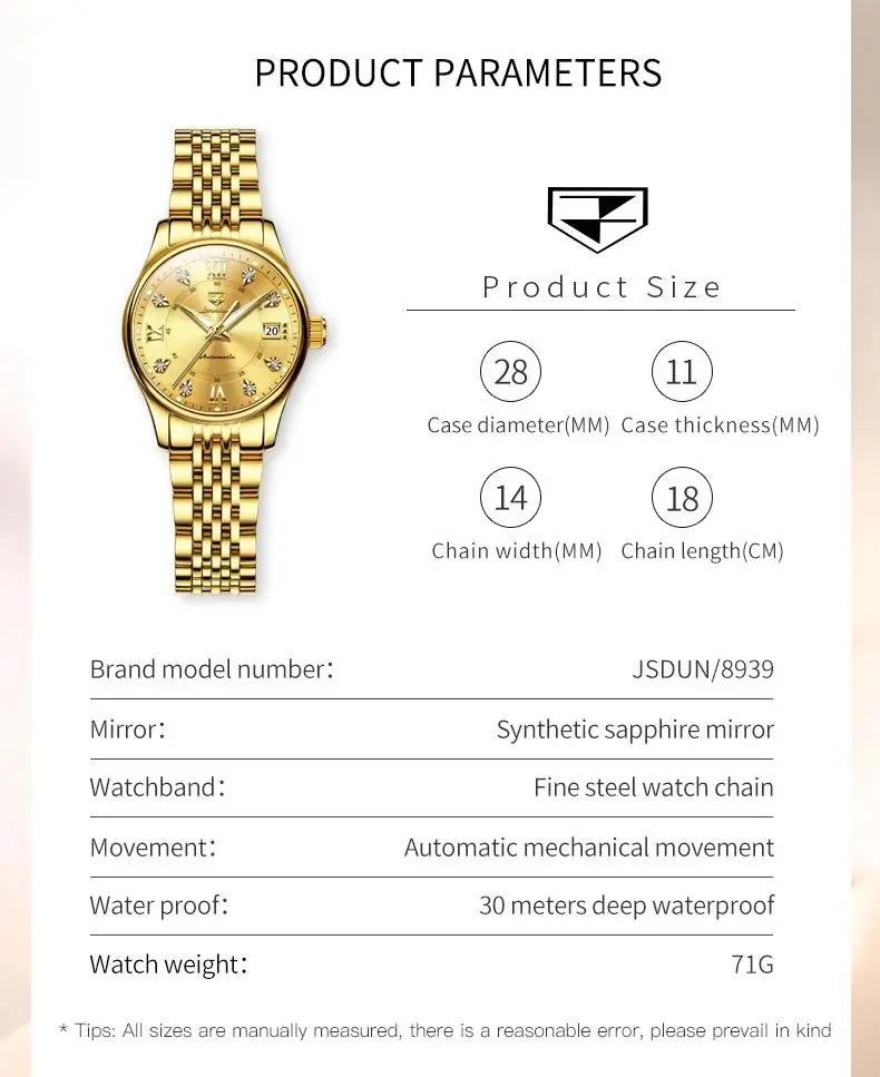 JSDUN 8939 Woman Automatic Watch Luxury Deep Waterpoof Date Mechanical Watch For Women Original Classic Ladies Dress Wristwatch