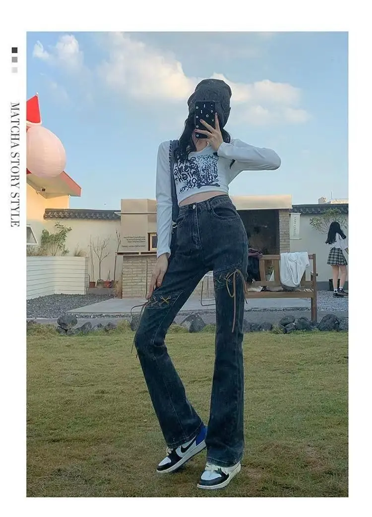 Feiernan Y2k Dark Grey Women Flare Pants Skinny Denim  Straight Bottoms High Waist Jeans Blue Hollow OutFull Length Trousers ripped jeans