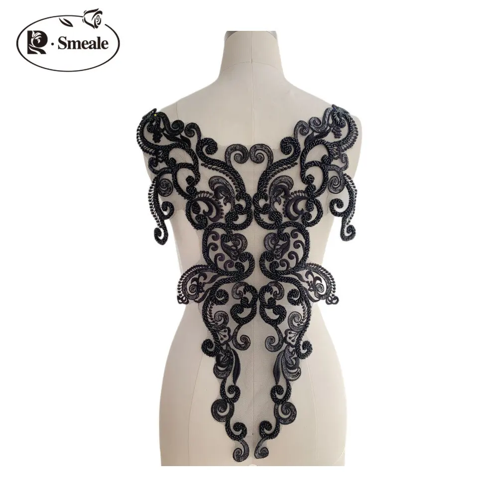 럭셔리 자수 레이스 백 플라워 스티커, 블랙, 레드, 아이보리 비즈, 웨딩 원피..