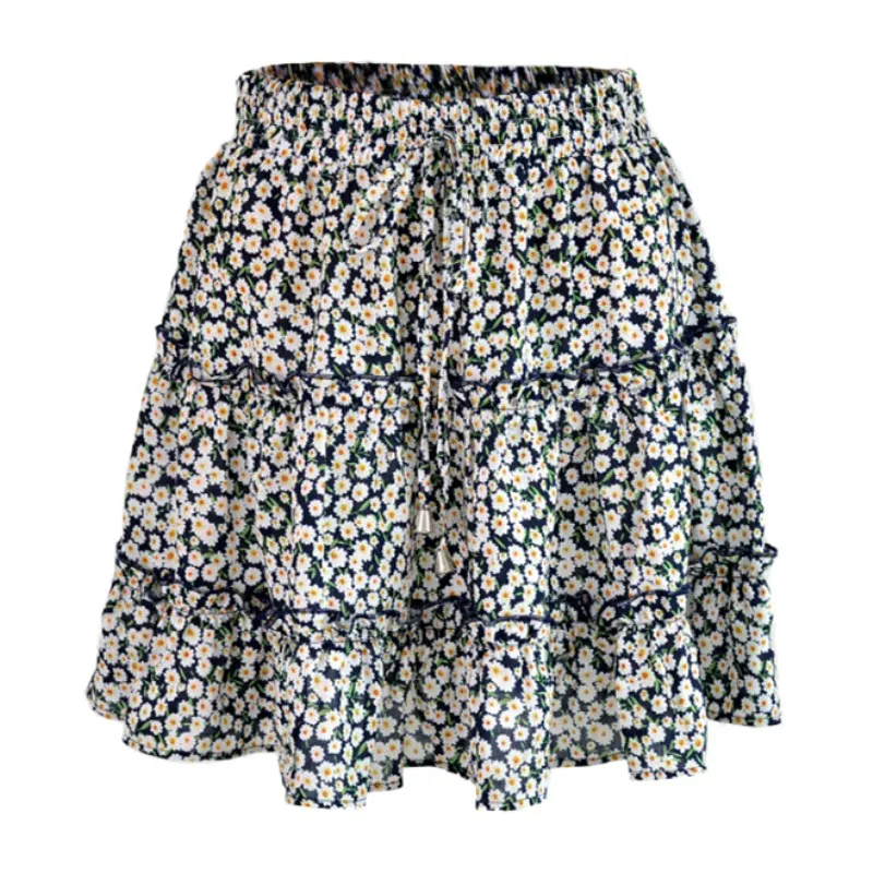 2021 Summer Autumn  European American Women's High Waist Ruffle Floral Skirt Printed Beach A-line Skirt Girls Red Broken Flower black mini skirt Skirts