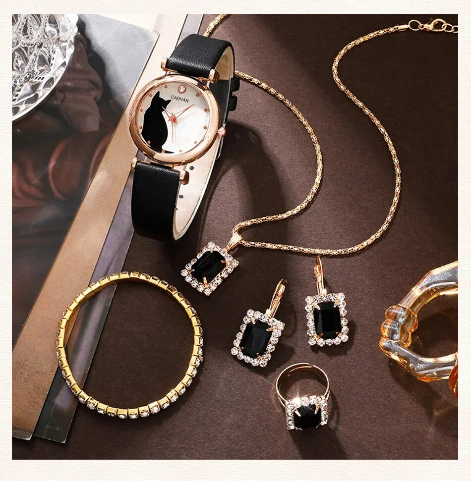 S95bffac22457444d8dda9285d4b0d2eeT 6PCS Set Women Fashion Quartz Watch Female Clock Cute Cat Dial Luxury Brand Design Ladies Leather Wrist Watch Montre Femme Mallzona