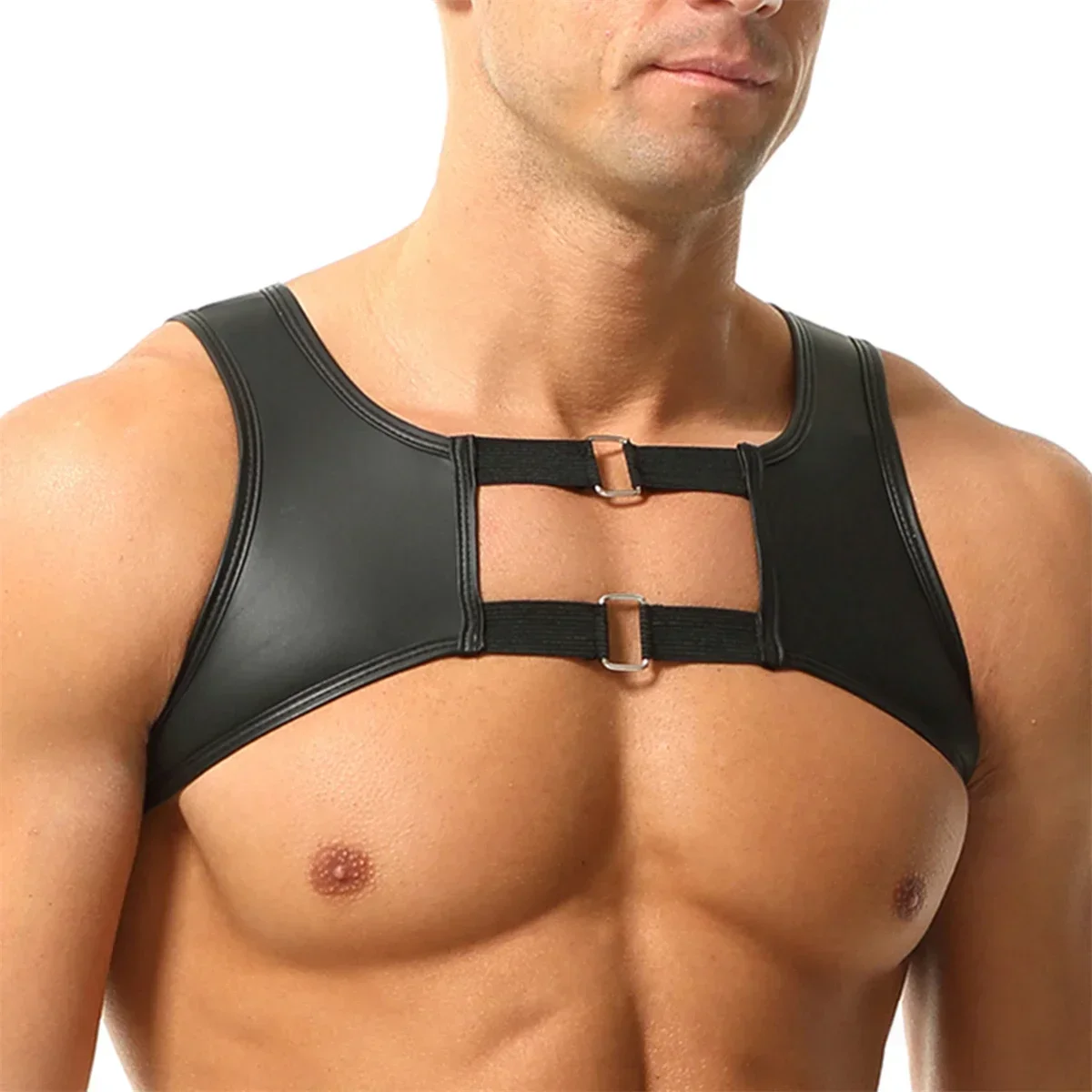 Black Men's Sleeveless Tank Tops Sexy Faux Leather Vests Nightclub Stage Undershirts Gay Erotic Chest Harness Belts Cropped Top
