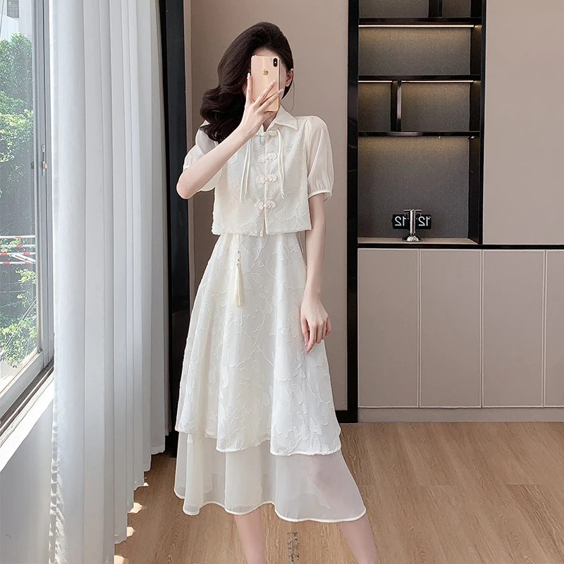새로운 중국 스타일 Hanfu 긴 드레스 여름 2024 새로운 도착 여성의 몸집이 작은 드레스 세트 민족 의상 세련된 복장