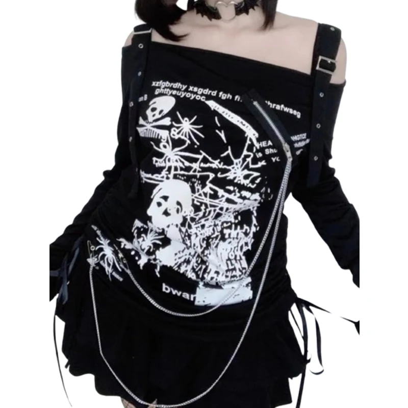トップス melt the lady gothic long T-shirts Elippeo Women Rhinestone Graphic Print T-shirt Harajuku