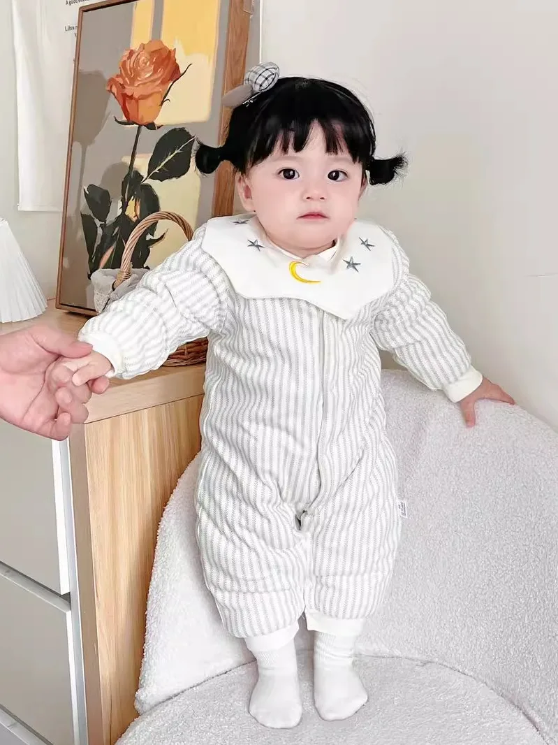 두꺼운 면 패딩 점프 슈트  겨울 옷 야외 따뜻한 격자 무늬 인쇄  옷 3-18 개월 된 소년과 소녀를위한