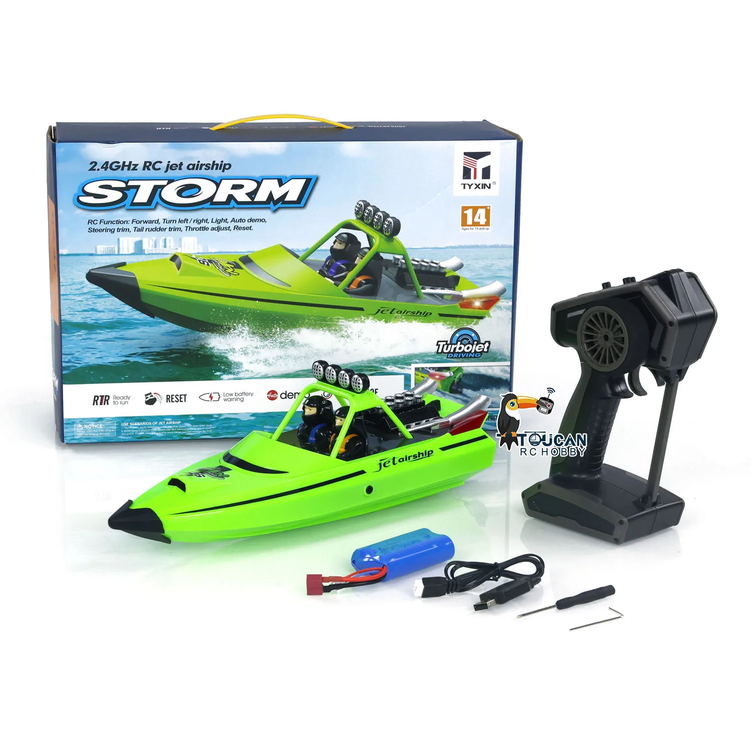 Bateau télécommandé Turbojet 2.4G auto-redressant en action, soulevant des gerbes d'eau avec ses lumières LED vertes brillantes.