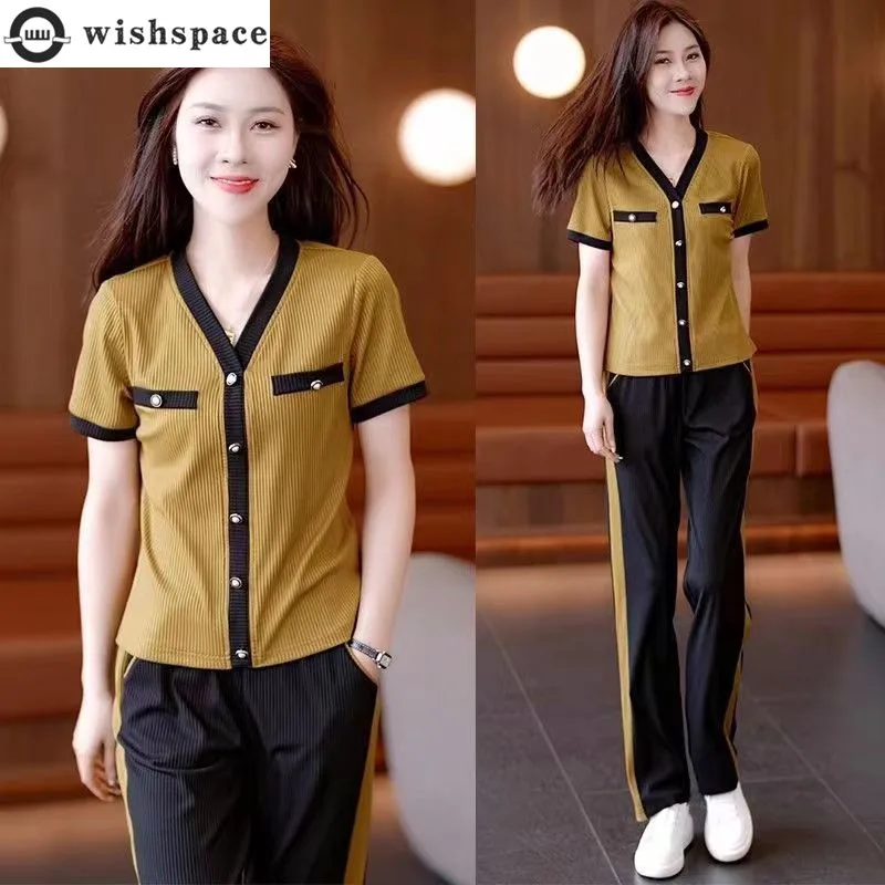 Ice Silk Casual Sports Set Women's Summer New Western Style Small Fragrant Wind Fashionable Wide Leg Pants Two Piece Set