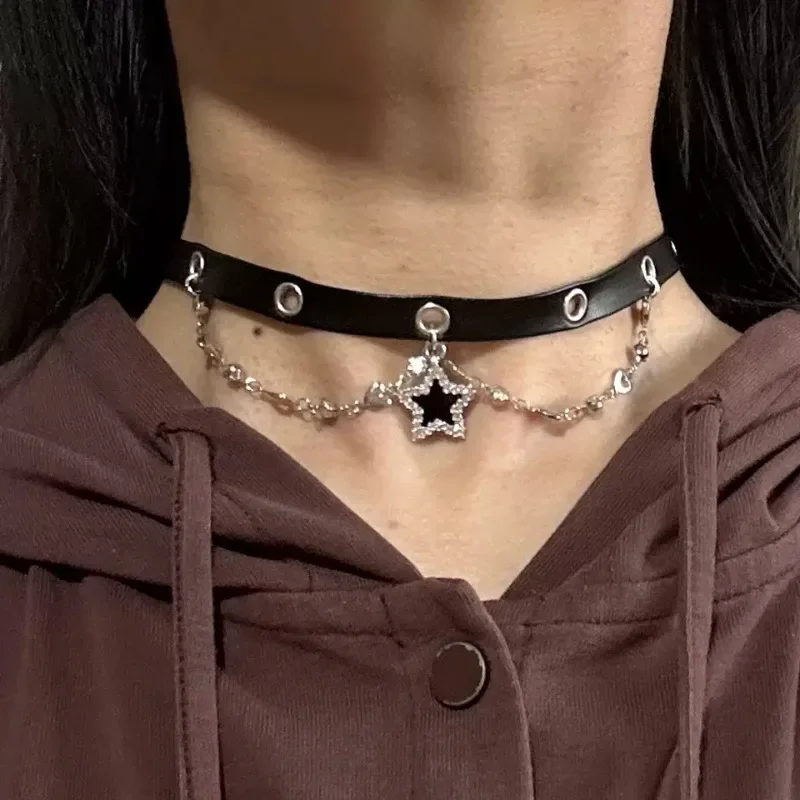 Shiny Star Tassel Chain Pendant Layered Necklace for Women Pentagram Y2k Silver Color Choker Zircon Charm Grunge Jewelry Gifts