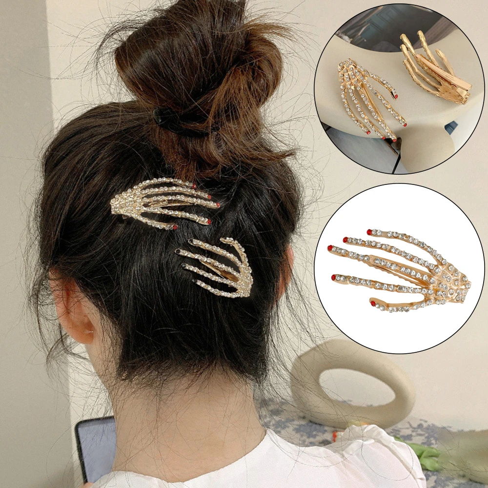 Women Fashion Crystal Metal Skull Hand Bone Hair Clips Halloween Party  Ghost Skeleton Hairpins Girls Cosplay Hairclips| | - AliExpress