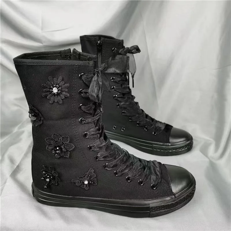 

Classic High Top Canvas Shoes for Women's New Flower Pearl Women's Ankle Boots Student Sports Shoes Fashion Zapatos Para Mujeres