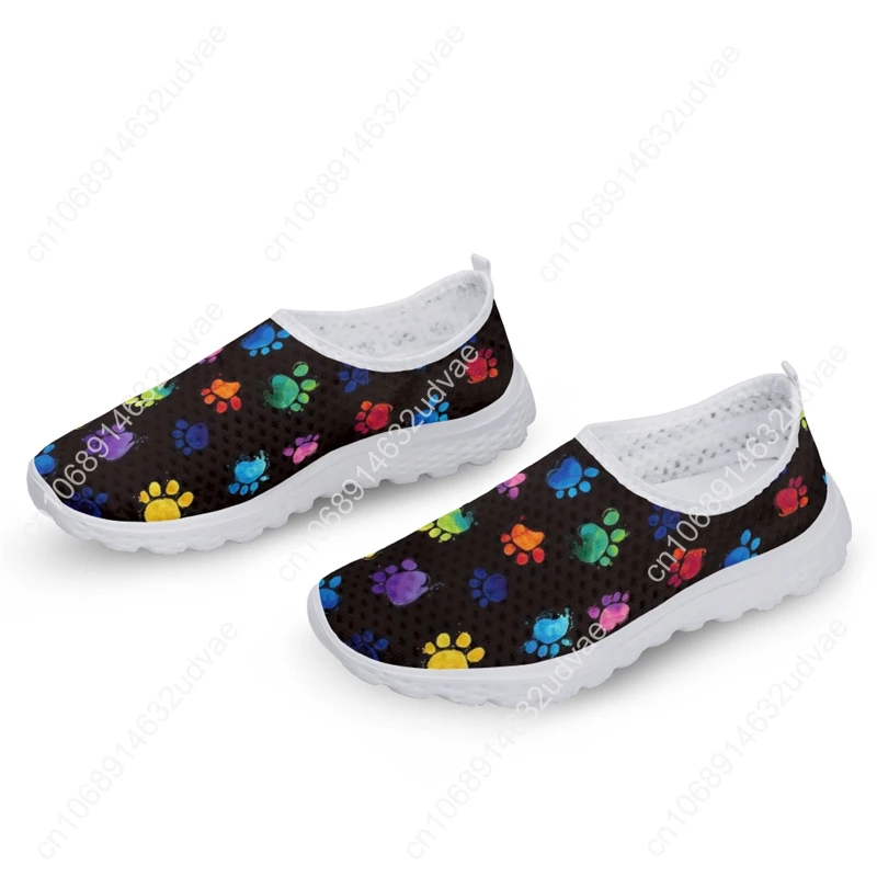 Mesh Women Casual Shoes Rainbow Color Dog Paw Pattern Printing Breathable Flats Female Slip On Sneakers Sapato Lady