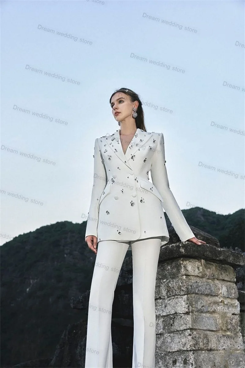 

Crystals 2 Pieces Cotton Women Suits Pant Set Blazer+Trousers Formal Office Lady Wedding Tuxedo Jacket Tailored Double Breasted