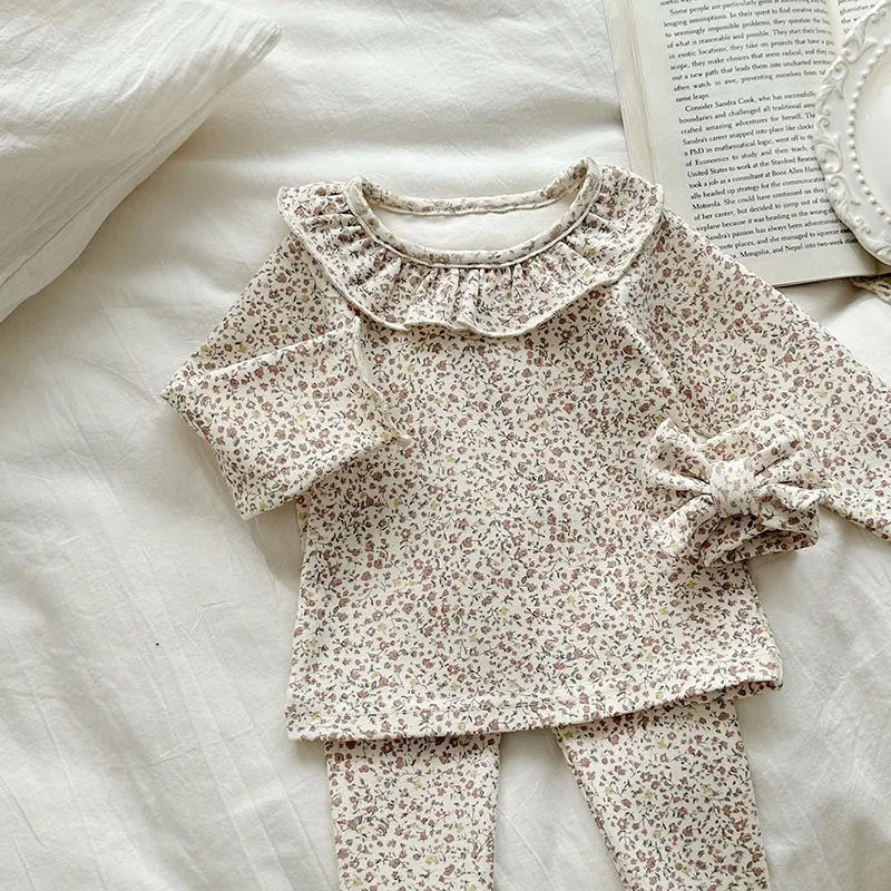 Description Picture 3 of item3PCS Autumn Baby Home Wear Suit for 0-2Y Lovely Floral Infant Girls Sleep Wear Toddler Ruffle Collar Loungewear with Headband