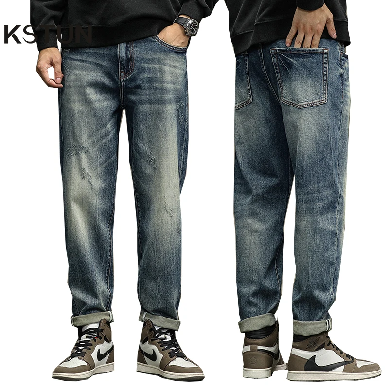 

Брюки-султанки KSTUN мужские, Стрейчевые джинсы с широкими штанинами, синие свободные брюки из денима, роскошная уличная одежда, мешковатые штаны