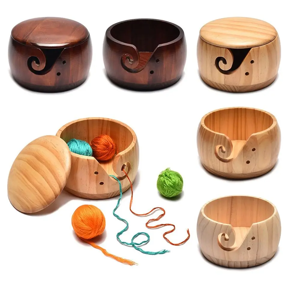 Bol à Fil En Bois Pour Tricot Et Crochet - Organisateur Multifonction Avec Séparateurs - 15x15x16 Cm