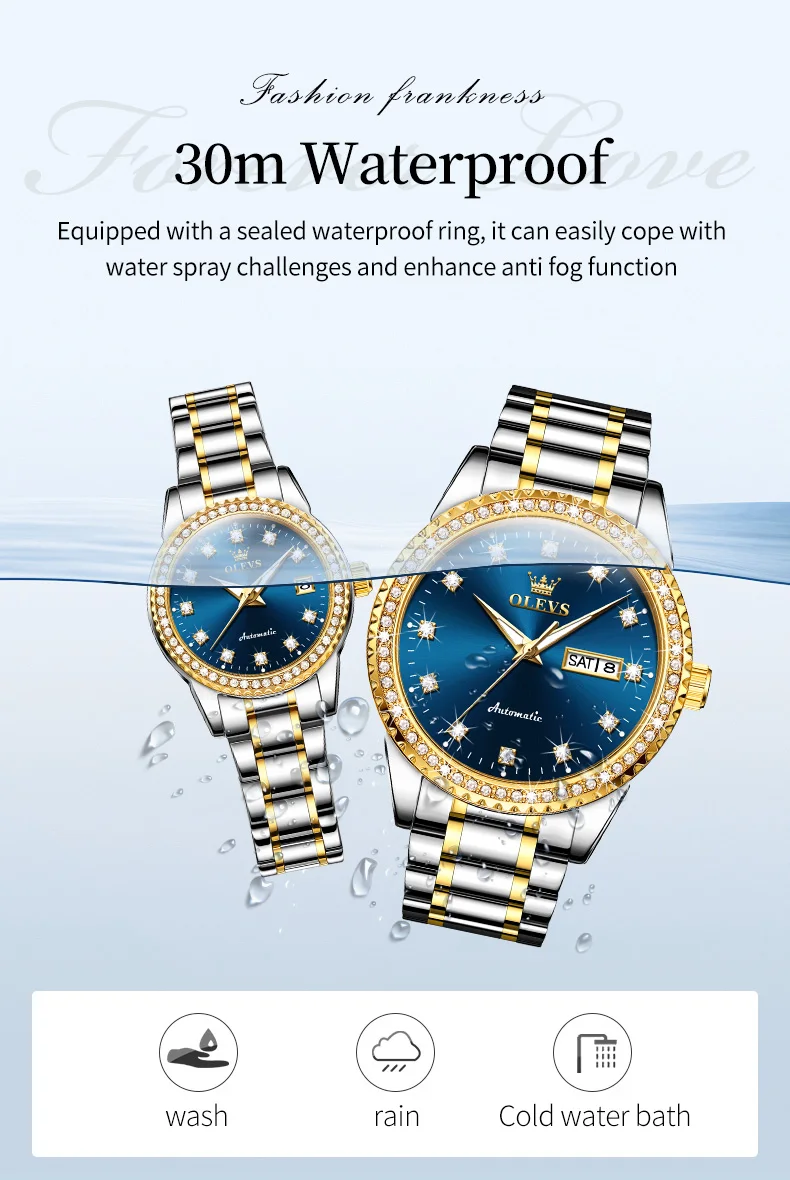OLEVS Automatic Couple Watch for Men Women Luxury Top Diamond Lap Stainless Steel Waterproof Mechanical Wristwatches Date Clock