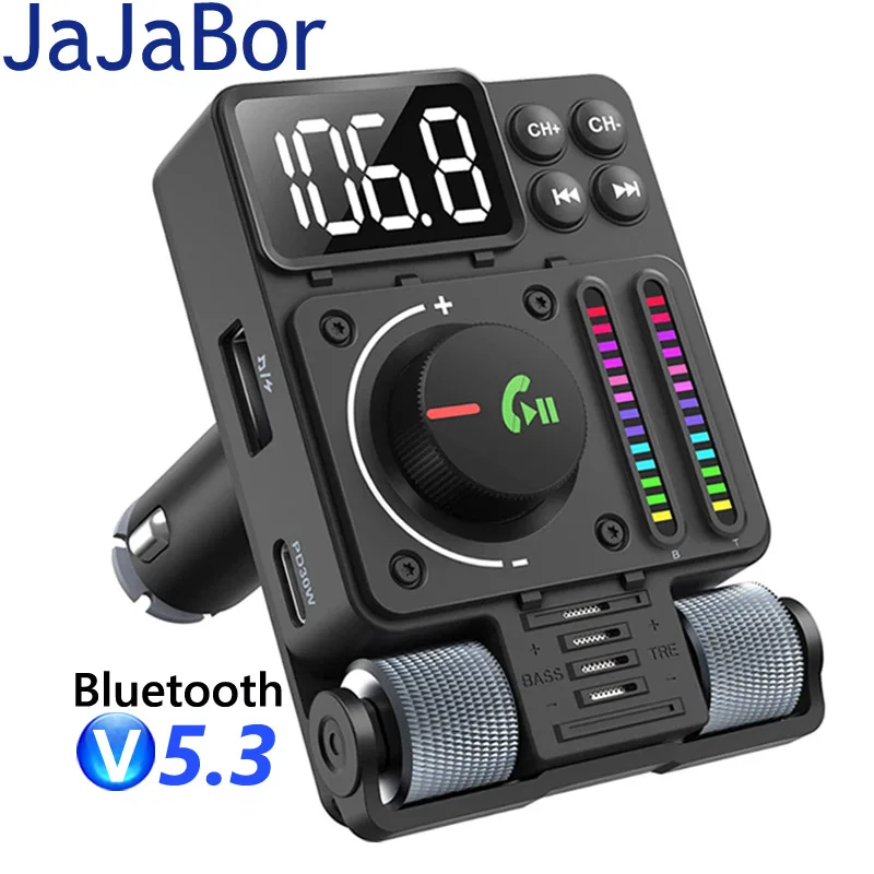 JaJaBor Car FM Transmitter Treble Bass Adjustable Sound Music Player Type C PD 30W Fast USB Charger Hands Free Car Bluetooth Kit