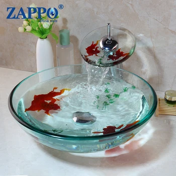 Zappo อ่างล้างจานทรงกลมพร้อมก๊อกน้ำตก, อ่างล้างจานทรงน้ำปลาสีทองอ่างล้างหน้ากระจกแบบจุกซิงค์สำหรับใช้ในห้องน้ำ 1
