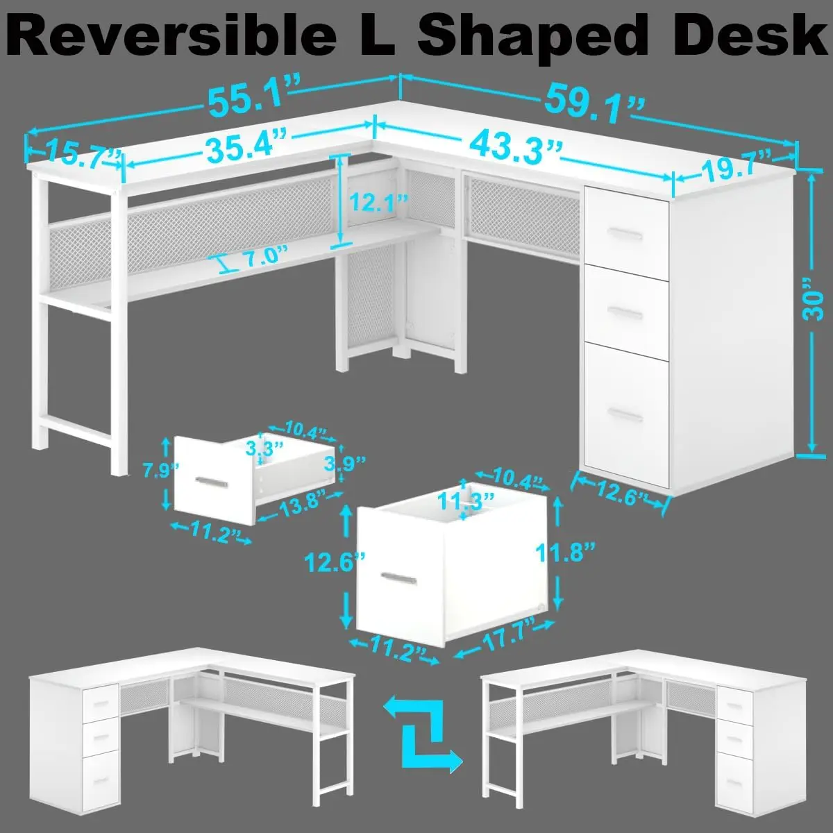 Reversible Modern L-Shaped Computer Desk , Large Wood Metal L Shape Home Office Desk for Work Study Writing Gaming 2