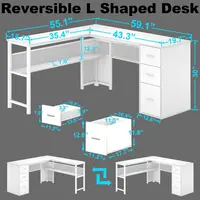 Reversible Modern L-Shaped Computer Desk , Large Wood Metal L Shape Home Office Desk for Work Study Writing Gaming 2