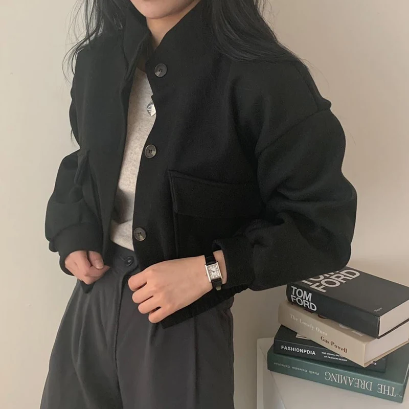 Veste décontractée tendance pour femme, col montant ample, boutonnée, style streetwear, manteau court vintage en imitation laine pour l'automne et l'hiver