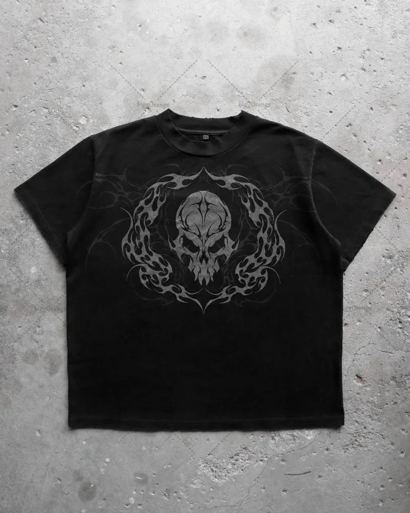 T-shirt Women Men American Street Fashion Brand Y2k Cross Skull Print Oversized Short-sleeved Retro Harajuku All-match Loose Top