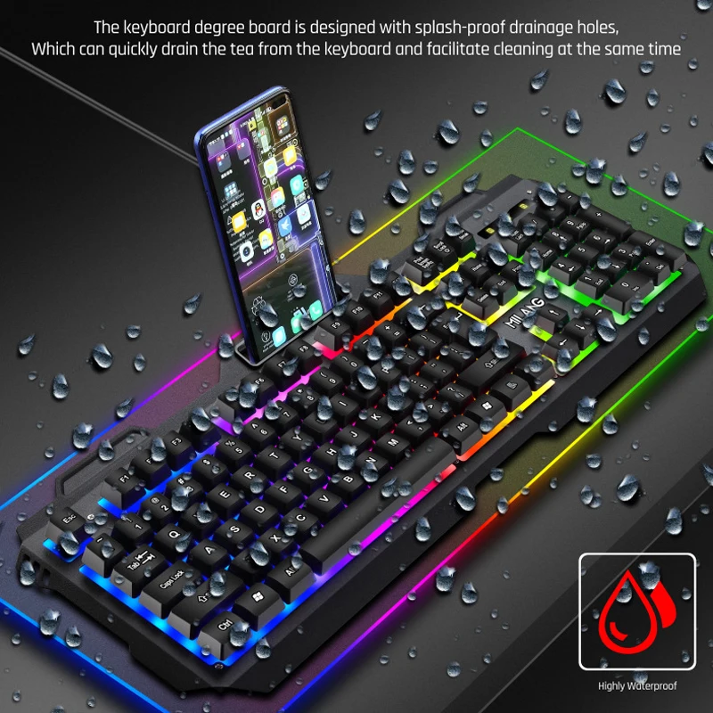 Mecânico Feel Wire Gaming Teclado e Mouse Grupo Usb Rgb Colorido Luminoso Ratos para pc Gamer Computador com Suporte para Telefone - Imagem 3