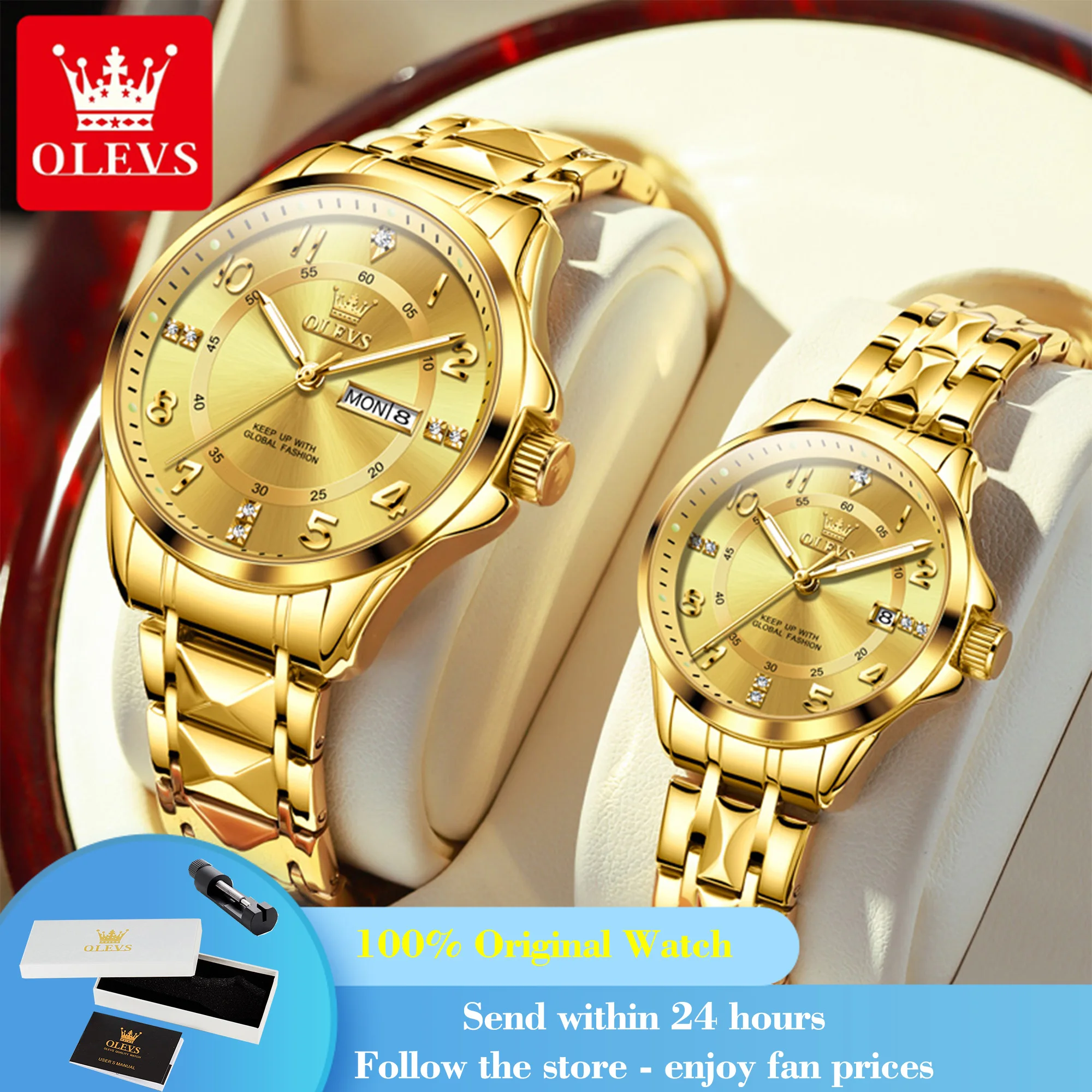 OLEVS 2910 Quartz Couple Watches Number Scale Stainless Steel Original Luxury Watch For Men Women Date Waterproof Wristwatch